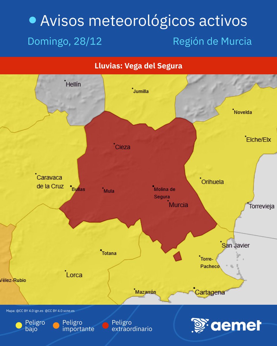 🔴 AVISO ROJO | LLuvias torrenciales en Vega del Segura (Región de Murcia)

➡️ Registrados más de 60 mm en 1 hora en Fortuna y Albanilla.

➡️Ahora la intensidad de la lluvia es menor, pero puede haber impactos corriente abajo.

➡️ ¡Precaución! Avigo vigente hasta las 11:59 del 28