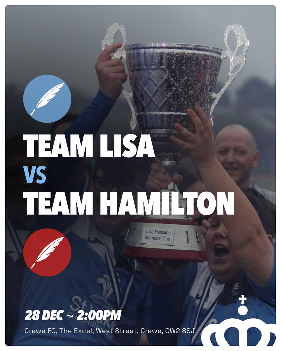 𝗠𝗮𝘁𝗰𝗵𝗱𝗮𝘆! 

🏆 The Lisa Hamilton Memorial Cup 

⚽️#TeamLisa v #TeamHamilton 

🗓 28/12/25

🚪 Gates Open at 12.30pm

🕑 2pm Kick Off

🏟 <a href="/CreweFCHub/">The Excel</a> 

🎟Entry by donation (<a href="/StLukesHospice/">St Luke's Hospice</a>)

🍻 Bar &amp; Cafe Open

👋🏻 See you there!