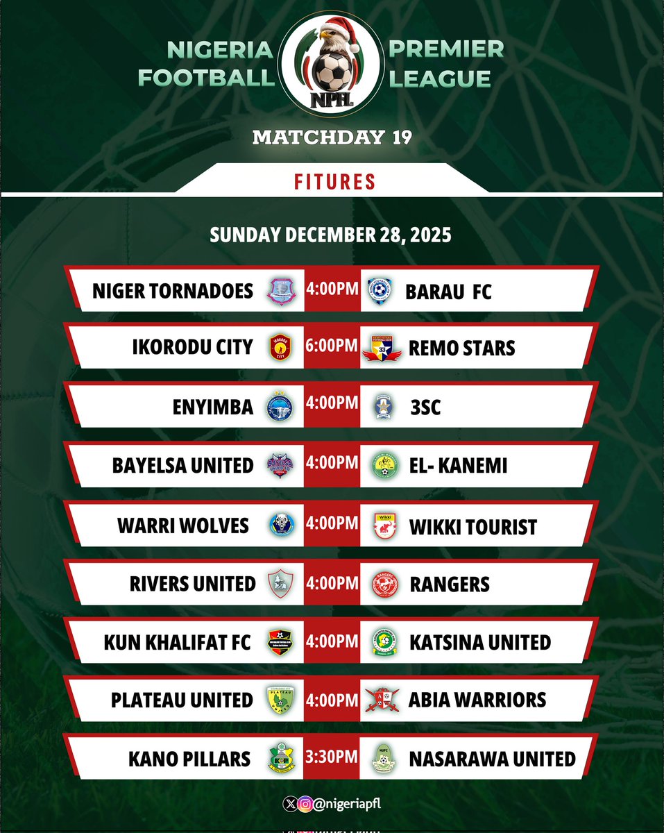 One last push before 2026 🚨

Final fixtures of 2025 locked in 🔒

#TORBAR
📺 #IKDREM
📺 #ENYSHO
📺+📻 #BAYELK
#WOLWIK
#RIVRAN
📺 #KUNKAT
📺 #PLAABI
📺 #PILNAS

📺 Watch LIVE on <a href="/NPFL_Live/">NPFLLive</a>
📻 Listen LIVE on <a href="/radionigeriahq/">Radio Nigeria</a>

#NPFL26 
#FestiveFixtures