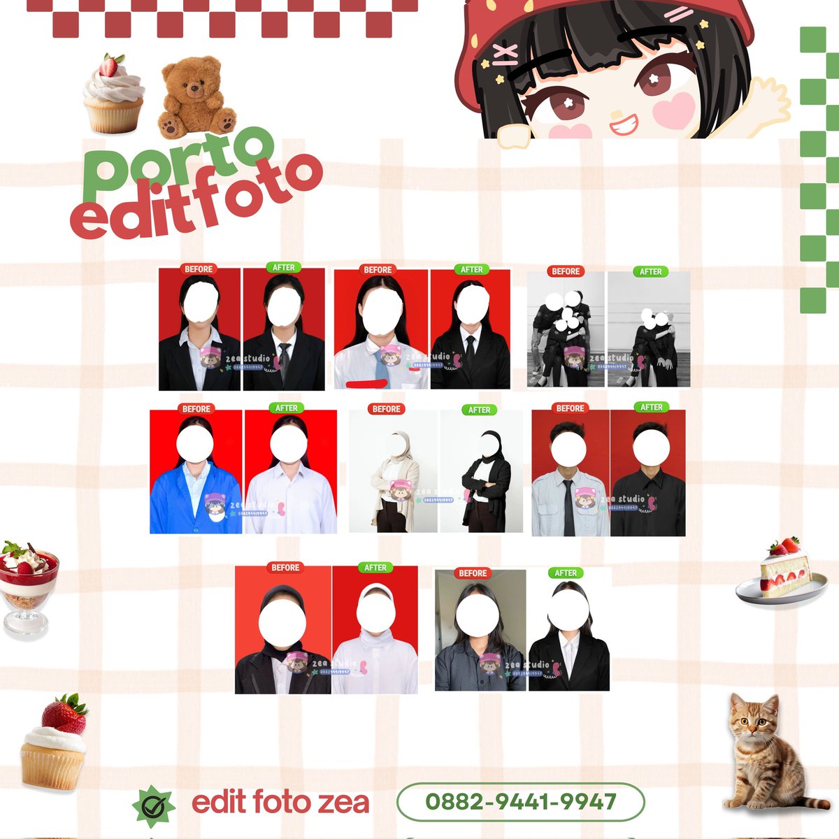 sheezapage's tweet image. 🍉 Hello there. Zea menyediakan jasa edit foto : pas foto untuk cv ojk lamar kerja visa, resize pas foto, hapus/tambah objek, hapus/ganti background, ganti warna/model pakaian kemeja jas dasi jilbab almet &amp;amp;  foto tertentu lainnya [#zonauang] 6
🍉 ORDER : wa.me/+6288294419947