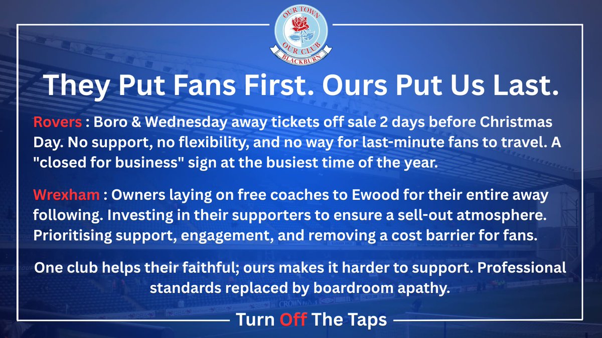 This tells you everything about how fans are valued.Supporters matter at some clubs.We are an afterthought. One club removes barriers so fans can follow their team. Ours puts the shutters down at Xmas. Fans not a priority, a problem to manage.This proves it. 👇
#TurnOffTheTaps