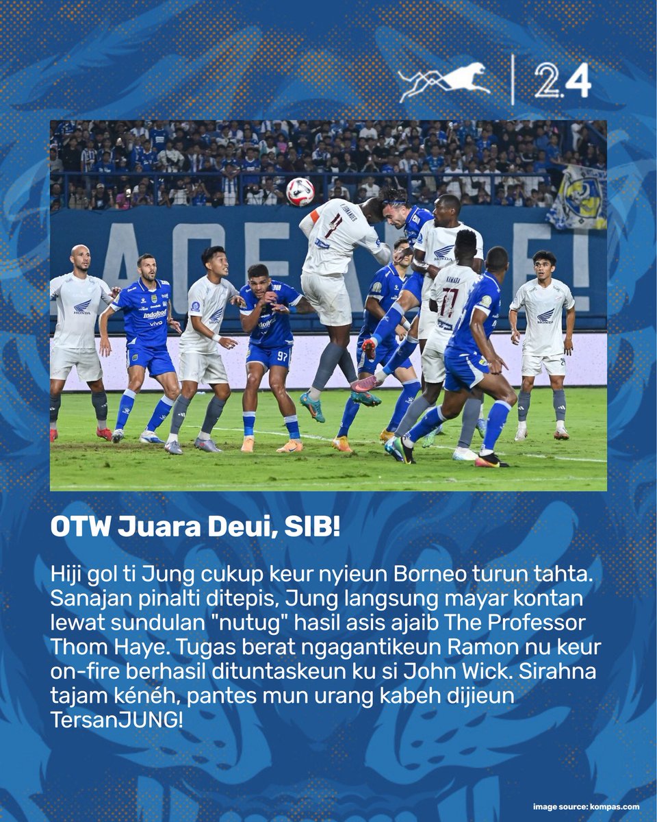 stdnsiliwangi's tweet photo. Hiji gol ti si "John Wick" Jung cukup keur ngageser Borneo ti puncak klasemen! Sanajan pinalti gagal, sundulanna tetep maut hasil asis ajaib si Professor Haye.
➡️ BACA ANALISIS LENGKEPNA: https://t.co/3re7Yf5Zn9
#stdsiliwangi #persib #laporanpandanganmata https://t.co/4U6M9zMwWm