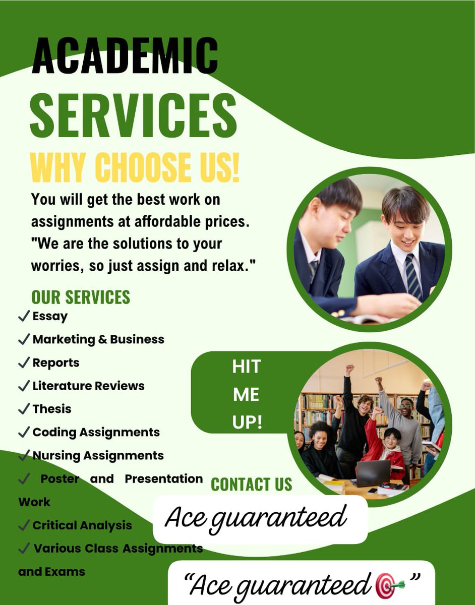 Reach us for excellent assignment services.
Guaranteed  A grade 
●essaydue
●mathematics
●physics 
●anatomy
●accounting....
●algebra
●literature
●history.. 
●maths
●homework
●geometry
●statistics
●Paywrite
●Assignmentsdue
●onlineclasses