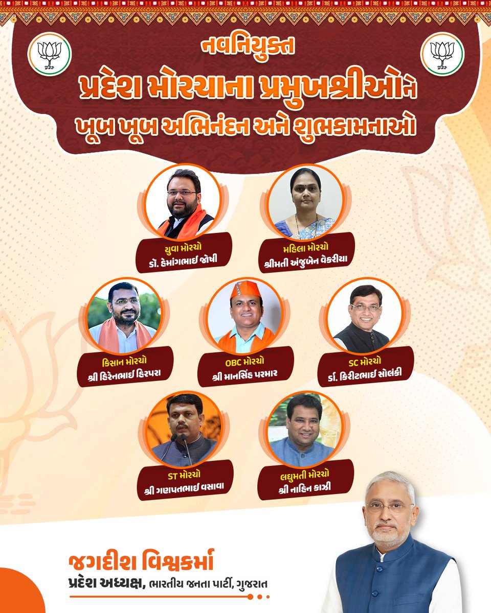 iJagdishBJP's tweet photo. નવનિયુક્ત પ્રદેશ મોરચાના પ્રમુખશ્રીઓને ખૂબ ખૂબ અભિનંદન અને શુભકામનાઓ. https://t.co/aK0mDqYQCo