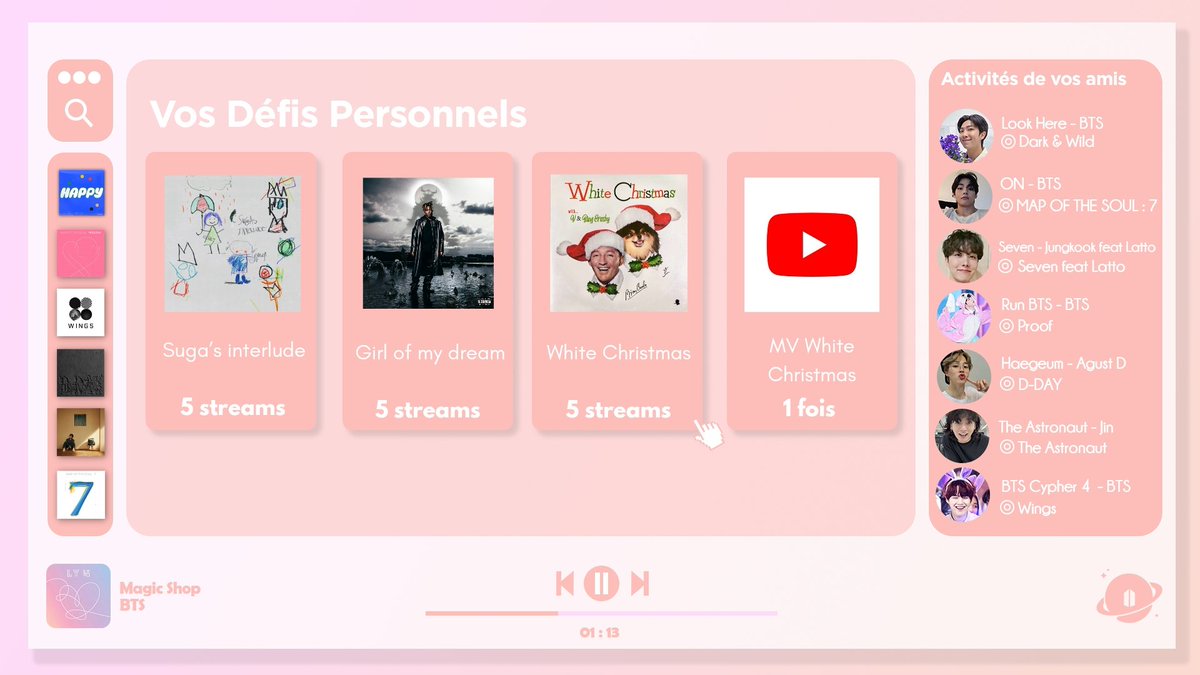 ARMYFRANCE_'s tweet image. [@BTS_twt  x #ChallengeYourself]

ARMYs !

Pour célébrer les collaborations du mois, nous vous lançons ces défis ! Vous pouvez écouter sur la plateforme de streaming de votre choix !

Réussirez-vous à atteindre cet objectif personnel ? 👀