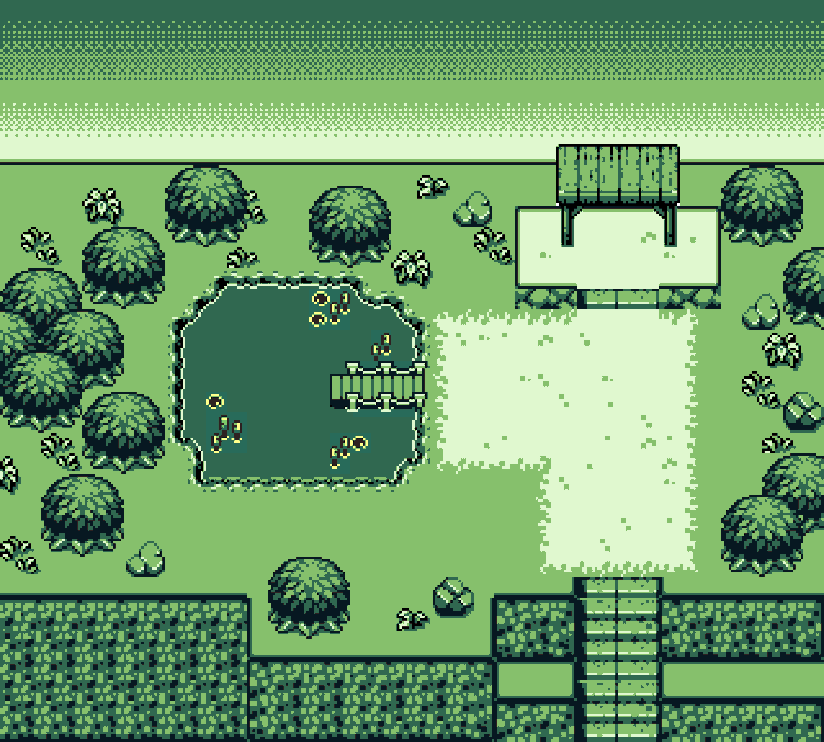 The new mountain top lake and overlook for MeadowGB: salvatoretosti.itch.io/meadow-gb

<a href="/sal_t_gb/">Sal</a> #gbstudio #pixelart #gamedev
