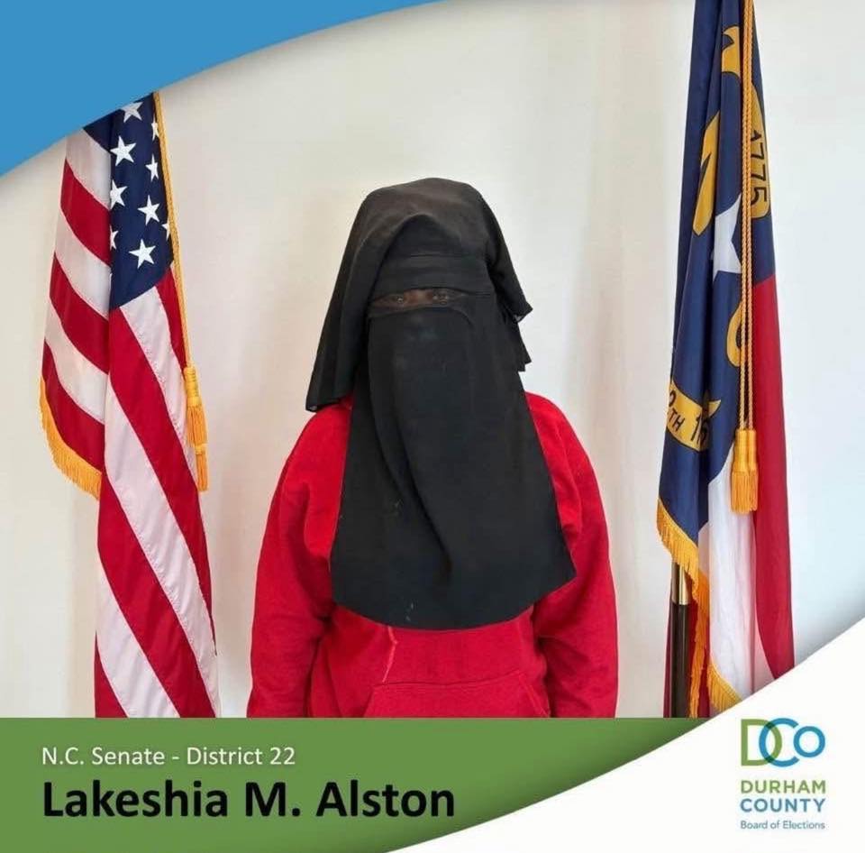 mattvanswol's tweet image. 🚨#BREAKING: It has been revealed that Lakeshia M. Alston, the woman running for election as a REPUBLICAN in North Carolina's Senate District 22 in a full hijab...

...is actually life-long Democrat according to her public voter records

She has been voting Democrat since 2008.