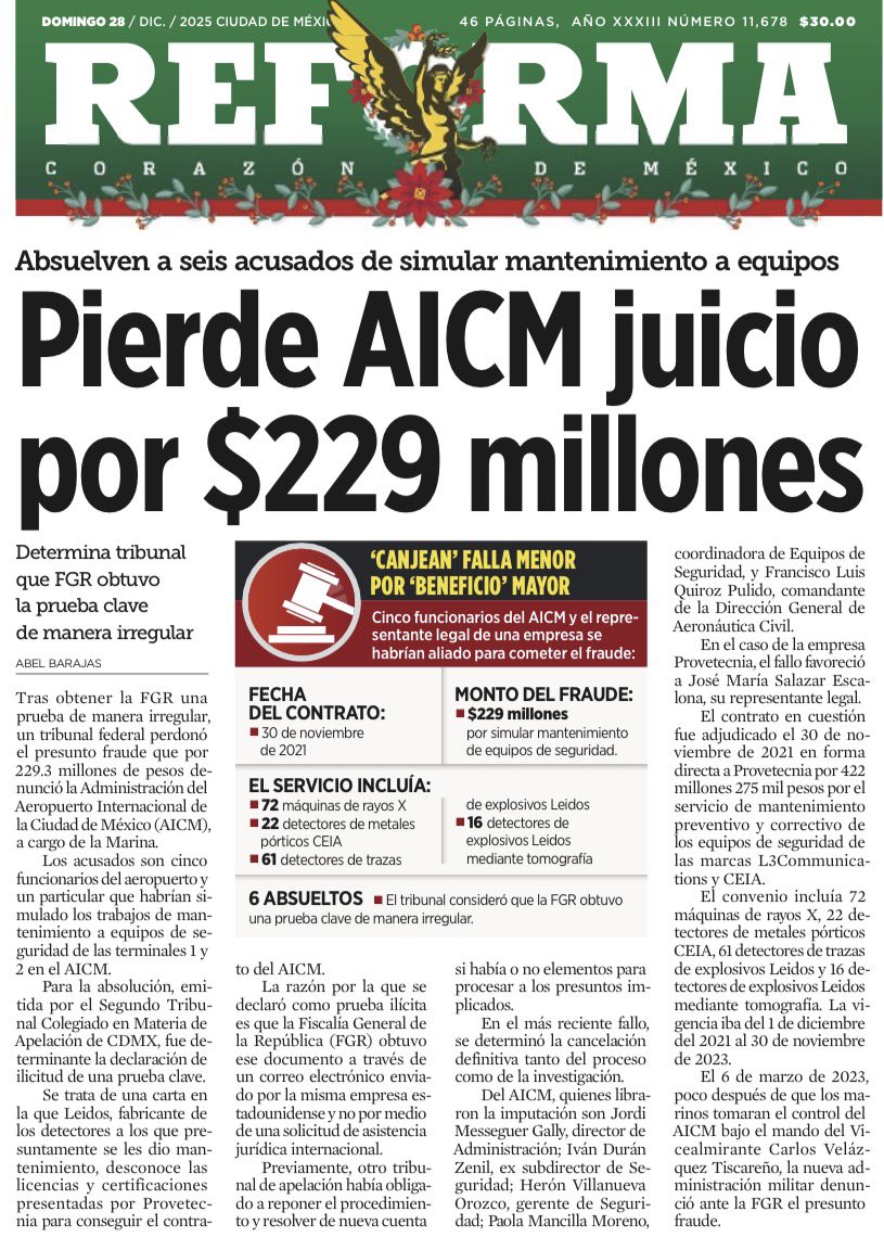 Esto es indignante por donde se vea: 

El AICM perdió un juicio por 229 mdp no porque no hubiera indicios de fraude, sino pq la FGR obtuvo la prueba clave de manera ilegal. 

Es decir: no falló la acusación, falló el Estado.

El tribunal anuló el caso.

El dinero público,perdido.