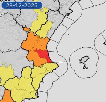 <a href="/GVA112/">Emergències 112CV</a> <a href="/CHJucar/">Confederación Hidrográfica del Júcar</a> <a href="/chsriosegura/">Confederación Hidrográfica del Segura</a> <a href="/DGTes/">Dir. Gral. Tráfico</a> Aviso ROJO activado en el litoral sur de València por precipitaciones que van a superar los 180 l/m2 en menos de 12 horas.
Sigue el aviso naranja en el resto de la provincia por acumulaciones de 150 a 180 en 12 horas.