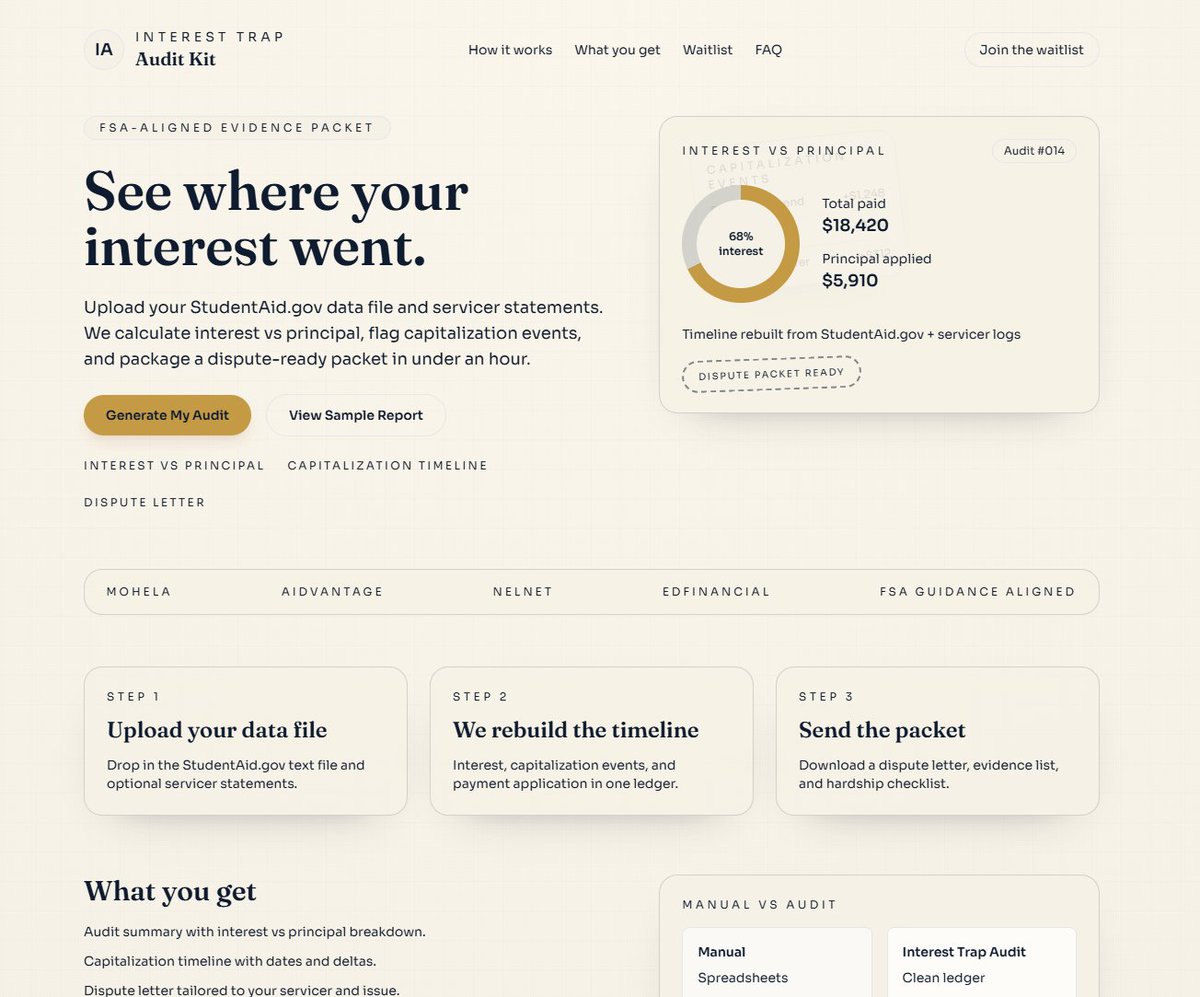 JesseBuildsAI's tweet image. Student loan balances jump and nobody can explain it. This MVP takes your StudentAid.gov file + servicer statements, audits interest capitalization, and spits out a dispute-ready packet in ~1 hour.

Clarity + evidence beats another 2-hour hold.

#Startups