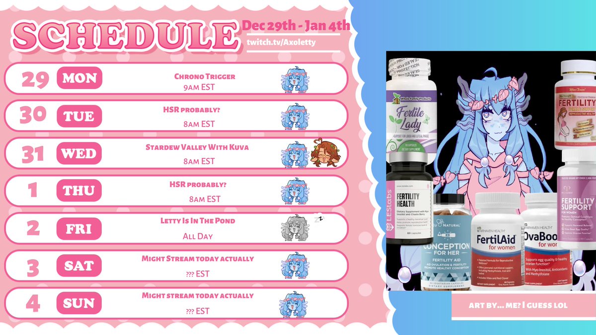 Schedule for this week! Forgive the meme I made I've run out of  art to cycle through and will be going back to them next week haha <a href="/kuvakusavana/">kuva🌿🪷EOY'25 G3</a> Will be joining us on Wednesday and I believe we'll be streaming into the new year(for him at least) together!