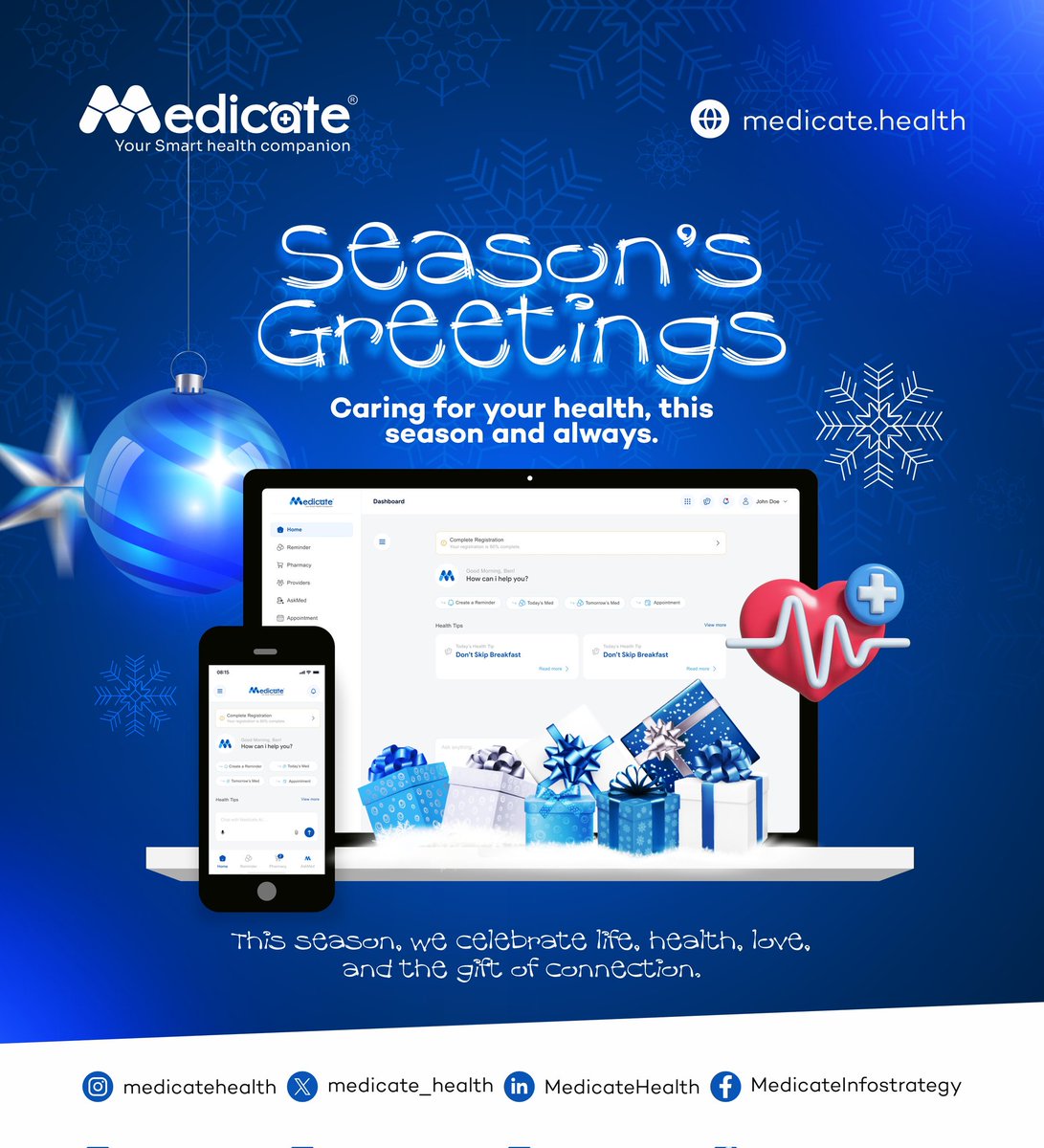 Medicate Christmas Message

🎄✨ Seasons Greetings! ✨🎄

Here’s to a season of wellness, hope, and new beginnings.

With love,
 💙 The Medicate Team

#MerryChristmas #SeasonOfWellness #DigitalHealth #Medicate #HealthTech #AIinHealthcare #ChristmasWishes