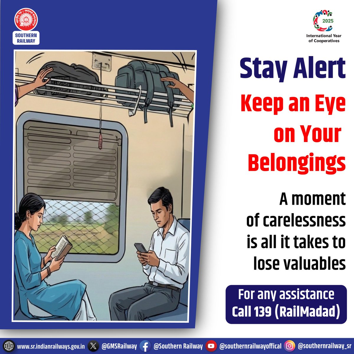 drmmadurai's tweet image. Stay alert while you travel 🚆
Keep an eye on your belongings at all times—don’t leave bags unattended or trust strangers easily.
A little caution ensures a safe and peaceful journey.

#RailSafety #PassengerAwareness #TrainTravel #IndianRailways
#SouthernRailway