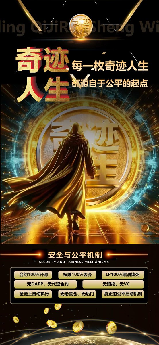 #奇迹人生 
让DeFi去中心化金融更精彩，未来2-3 年绝对是币圈顶流，因为它。
1.没有项目方。
2.权限全部打入黑洞谁也拿不走。
3.燃烧机制和lp挖子币只涨不跌护航，所以不怕别人卖。
4.机制非常公平
5.完全散户联合坐庄。
6.社区正心正念。
希望车上有你
0xf8ef81718c140ca6577f5a57e373c68c91ceeb76