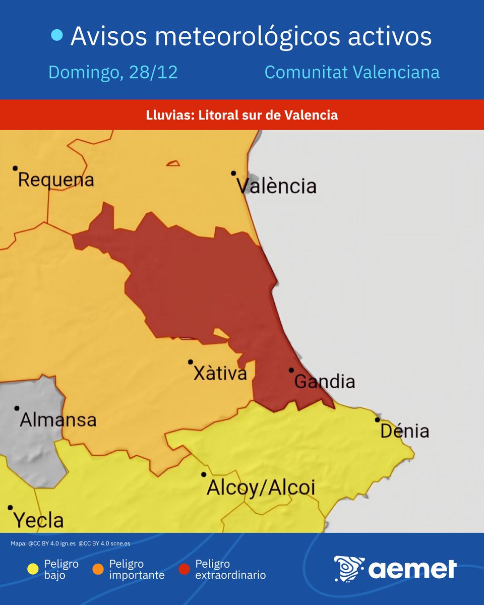 🔴 AVISO ROJO | LLuvias torrenciales en el litoral sur de Valencia.

➡️ Pueden producirse inundaciones y crecidas repentinas en cauces.

➡️¡Peligro extraordinario!. Sigue las recomendaciones de Protección Civil. 

⌚️Aviso vigente, en principio, hasta las 19:59 del día 28.