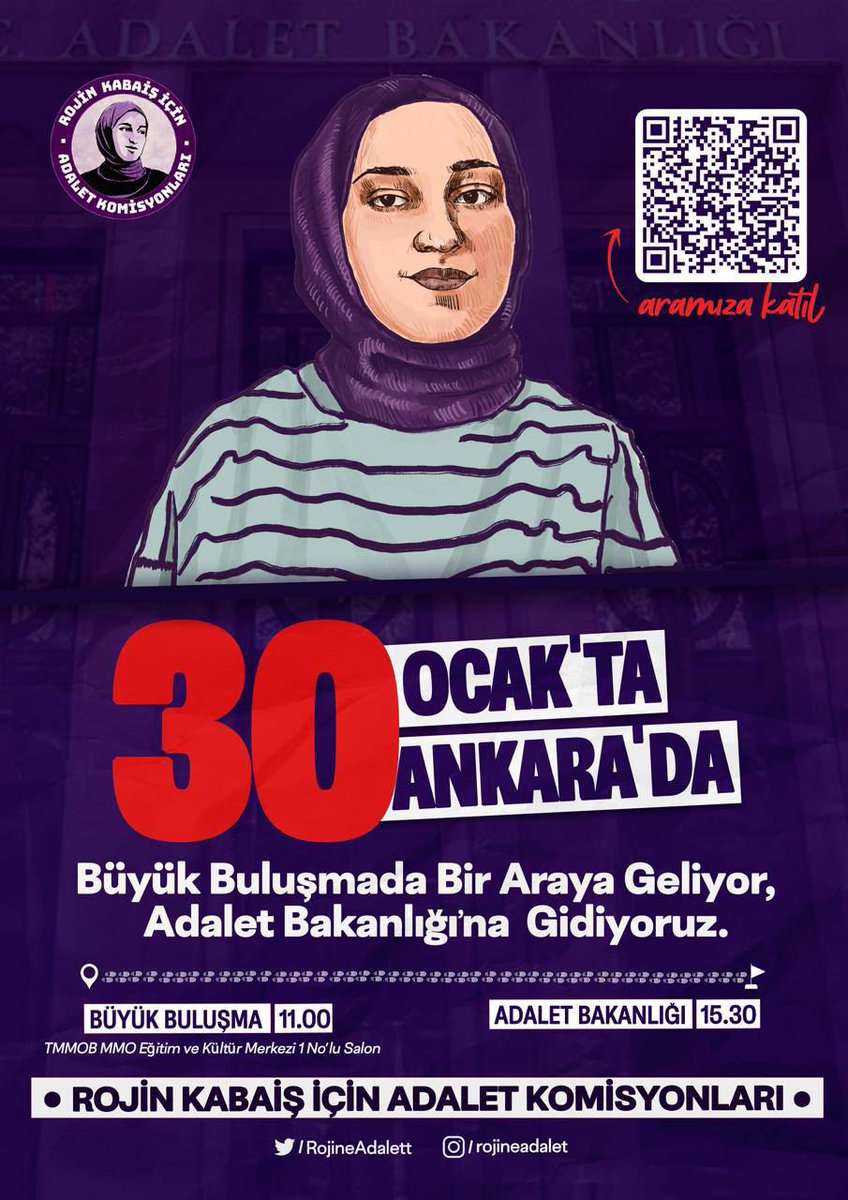 📣30 Ocak’ta Ankara’da Büyük Buluşma'da bir araya geliyor, Adalet Bakanlığına gidiyoruz.

1 yıldır Rojin için sokak sokak, kampüs kampüs mücadele eden kadınlar olarak; tüm şehirlerden yükselttiğimiz sesi Büyük Buluşma'da bir araya getiriyor, ardından adaletsizlikte ısrar eden,