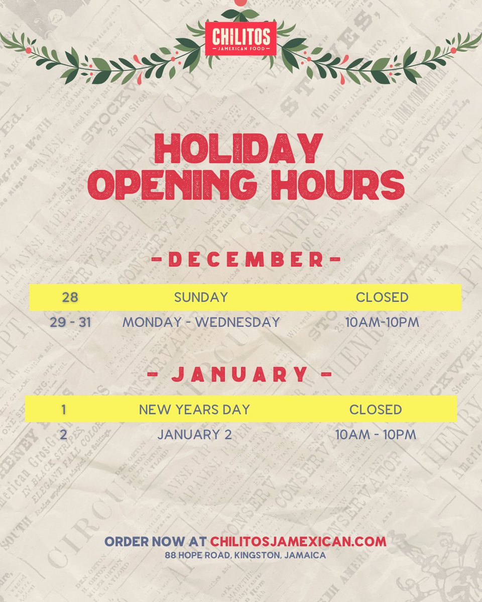 Please note that we will be closed on New Year's Day! #ChilitosJaMexican