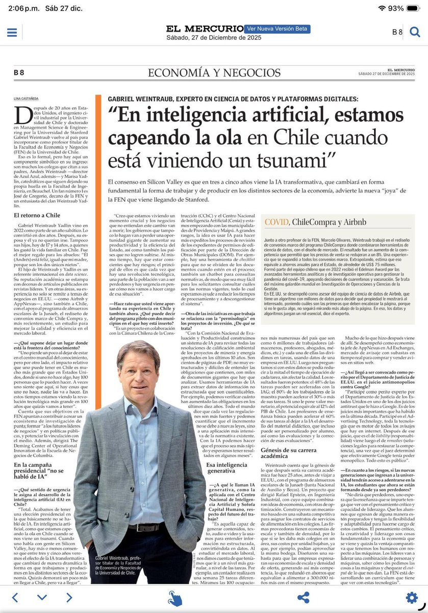 Me da una enorme alegría que Gabriel Weintraub, un seco entre sequísimos, vuelva a Chile y la ⁦<a href="/uchile/">Universidad de Chile</a>⁩. Son pocos los que dejan una posición tan top global para seguir haciendo ciencia desde acá