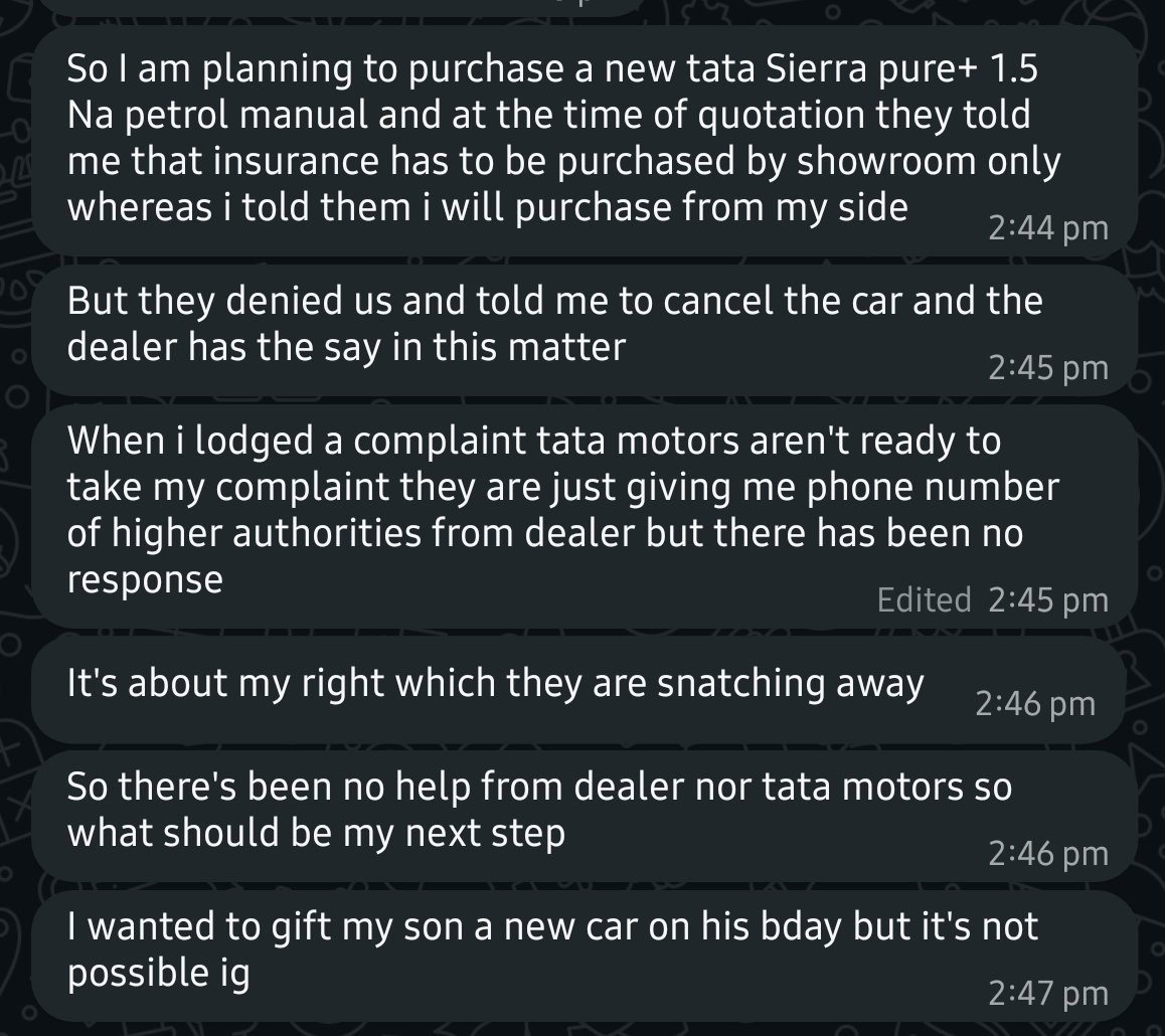 deepak993_'s tweet photo. How pathetic a brand can be!

So, one of friend wanted to buy the Tata Sierra and ready to pay 18 lacs for car and wanted to gift to his son and Tata being Tata they denied to opt for the car insurance from outside buy the insurance from us. @TataMotors https://t.co/cQ31MUErkg