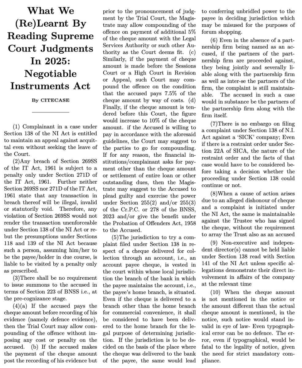 This is what we (re)learnt on Negotiable Instruments Act by reading all #SupremeCourt judgments on it delivered in 2025. If you think we have missed something important. Do let us know ! You can read these cases in citecase.in !
