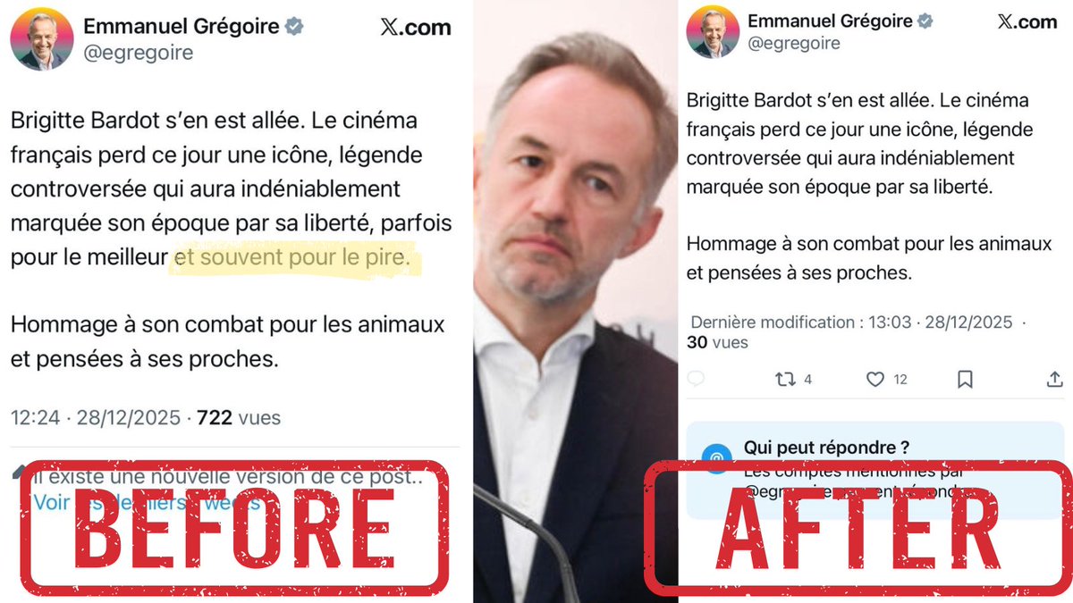 FakeNewsParis's tweet image. Drame en 2 actes. Le candidat de la gauche parisienne publie un « hommage » à Brigitte Bardot où il lui crache littéralement dessus. Au final, il n’assume plus et modifie sa publication ordurière. Et ça veut être Maire de Paris. Indigne.