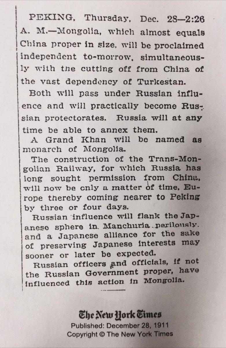 Одоогоос 114 жилийн өмнө 1911 оны 12 сарын 28 ны өдрийн 02 цаг 26 минутад Бээжингээс The New York Times сонины редакц руу дараах яаралтай цах мэдээ явуулж байжээ "Хятадтай газар нутгаара тэнцэх хэмжээний Монгол н маргааш Хятадаас өрх тусгаарлаж тусгаар тогтнолоо зарлана"