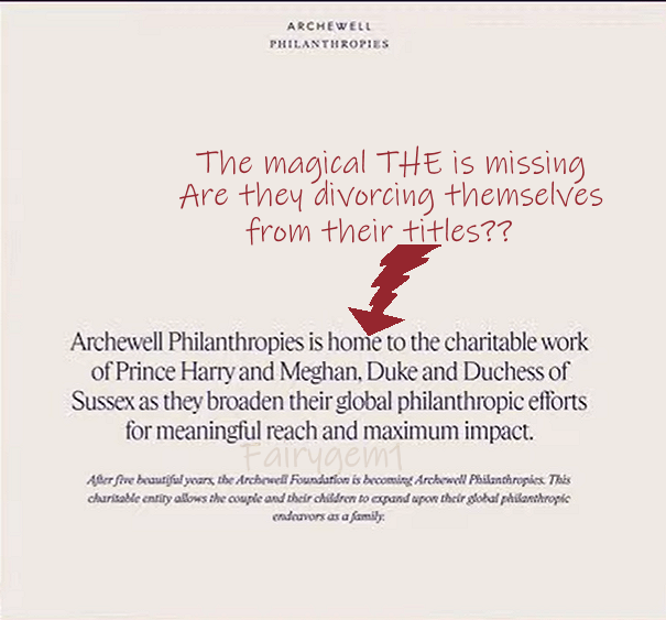 fairygem1's tweet photo. Are Harry and Meghan getting ready to lose their titles and divorcing themselves from them already, showing they accept what is going to happen. It seems so in my view as they are no longer using the titles properly. Instead of THE Duke and Duchess they are putting their titles up without that THE which is used for divorced titles...Hmmm its making me think so!! Anyone else??