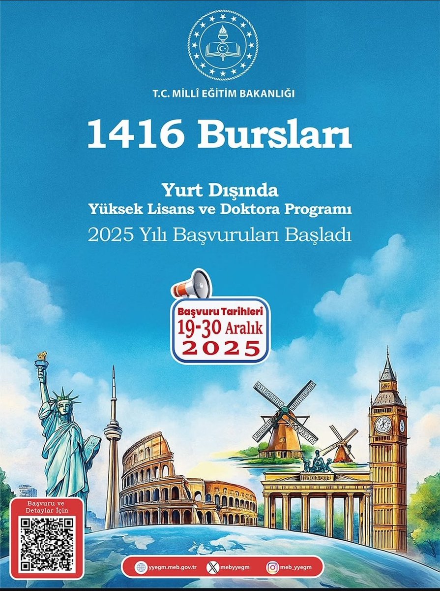 T.C. Millî Eğitim Bakanlığı tarafından yürütülen 1416 Yurt Dışında Yüksek Lisans ve Doktora Burs Programı kapsamında 2025 yılı başvuruları başlamıştır.

Başvuru Tarihleri: 19 – 30 Aralık 2025
Başvuru Adresi: yyegm.meb.gov.tr

<a href="/mebyyegm/">Yükseköğretim ve Yurt Dışı Eğitim Genel Müdürlüğü</a>
<a href="/universitemDEU/">Dokuz Eylül Üniversitesi</a>