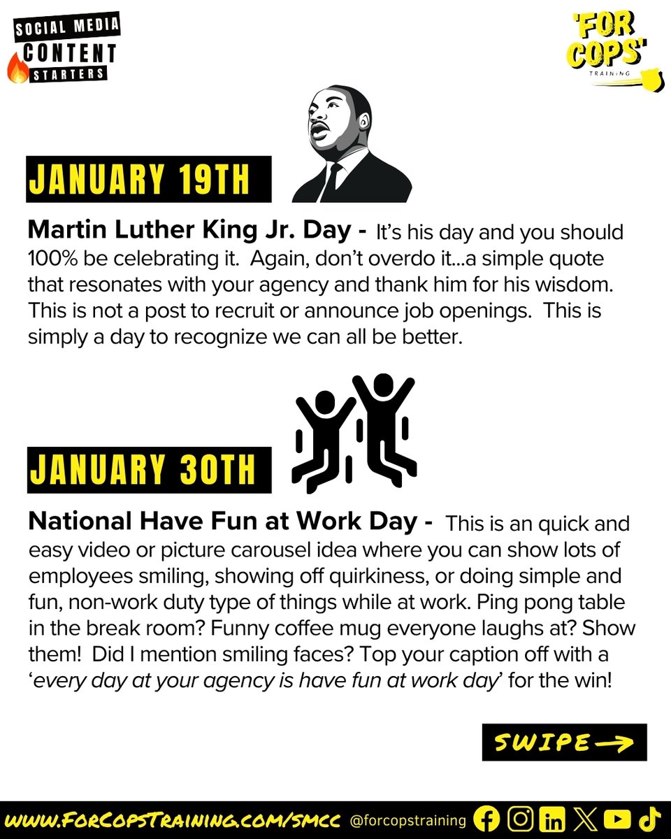 ForCopsTraining's tweet image. 2026 is almost here and you don't want to get it started by posting that same stale content from last year, do you?  😳

These January Social Media Content Starters will help freshen things up!  👇

📆 1/6 National Technology Day
📆 1/9 National Law Enforcement Appreciation Day…