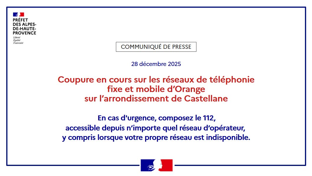 Image de Préfet des Alpes-de-Haute-Provence - Coupure en cours sur les réseaux de téléphonie fixe et mobile d’Orange sur l’arrondissement de Caste