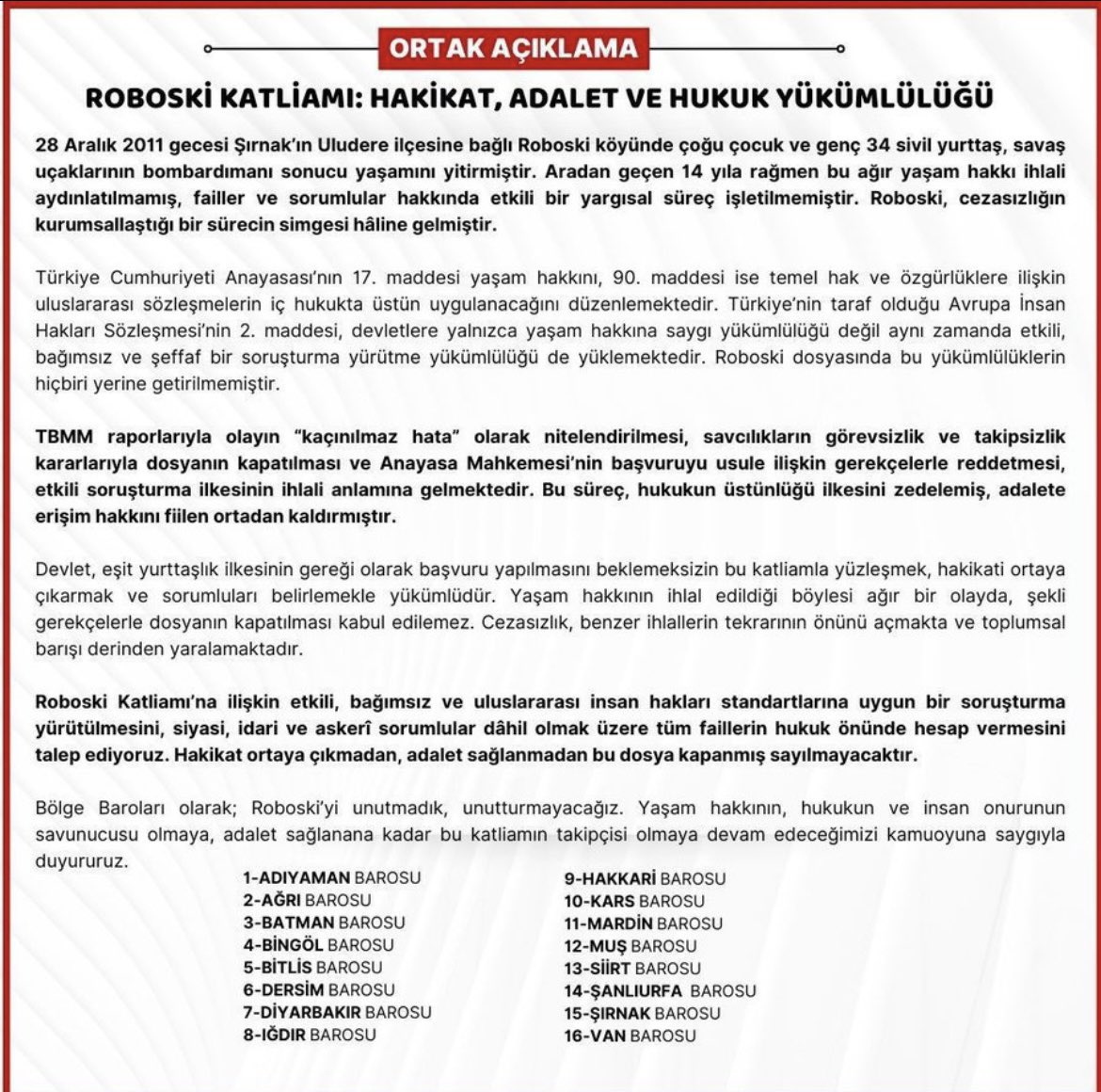 Bölge Barolarından Ortak Açıklama

Roboski Katliamı: Hakikat, Adalet ve Hukuk Yükümlülüğü