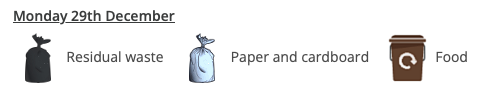 Last collection (for some) for 2025 before we segue into 2026. And to clear the decks it's white/clear bags to recycle your paper and card please, plus black sack residual waste and your food caddy.
Happy New Year 🥳 🎉
Bin night arrangements here – valeparish.gg/news/bin-night…