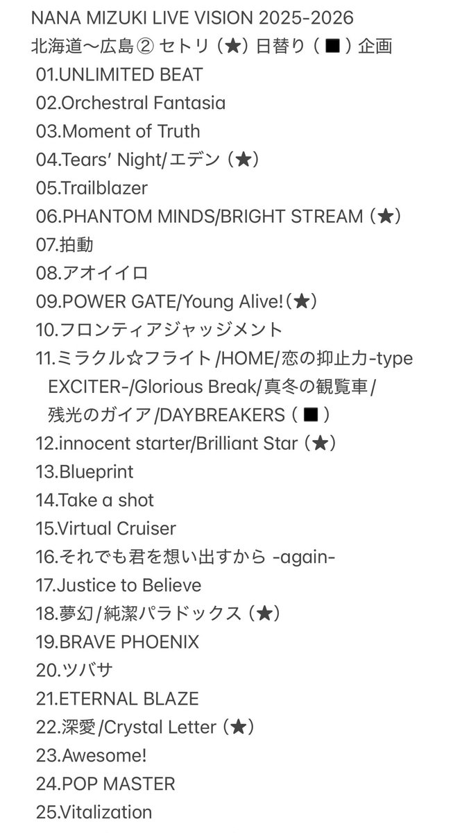 12/28 NANA MIZUKI LIVE VISION 2025-2026 VIEW07広島②セトリ ※2枚目