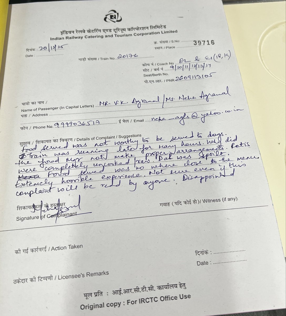 neha_agls's tweet photo. Horrible experience with food and service in Vande Bharat executive class + staff that was so brazen to say “ok go ahead make a complain.Try if someone hears you”. Now as a common citizen I doubt if authorities are actually listening to us.@republic @AshwiniVaishnaw https://t.co/IeDAdvd8PI