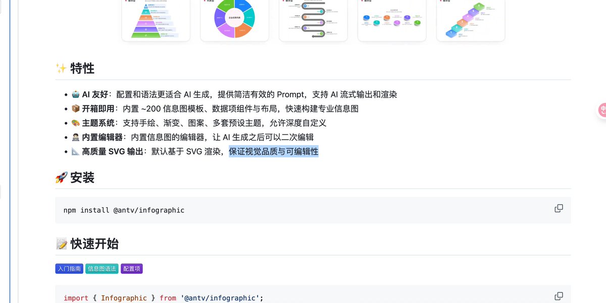 bozhou_ai's tweet image. 蚂蚁开源了一个对AI非常友好的制作信息图的开源项目，
github.com/antvis/Infogra…

内置了接近两百个的信息图模板，并且里面直接有了Prompt模版和skills.md文件。

可以非常快速接入claude code 或者我们的工作流，并且基于svg进行生成保证视觉品质与可编辑性