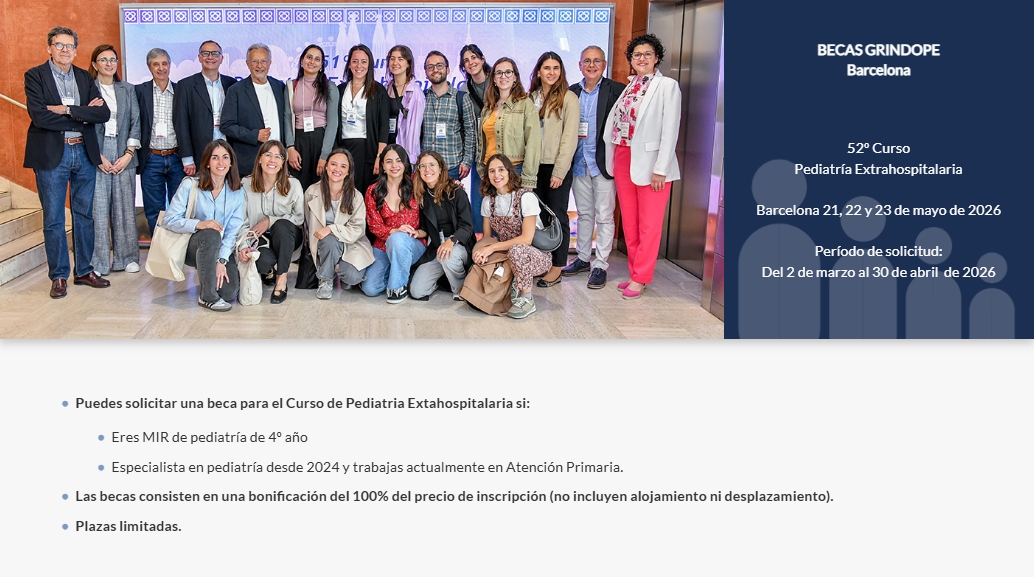 GRINDOPE's tweet image. 🧾 Si eres MIR de pediatría de 4º año o especialista en pediatría desde 2024 y trabajas en Atención Primaria, puedes solicitar una beca para el curso  #grindope2026 que se celebrará el 21-23 de mayo 2026  en Barcelona. También puedes asistir online. grindope.com
