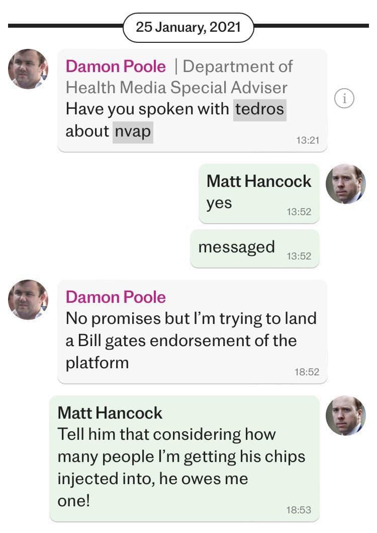 What does Matt Hancock’s message to his aide Damon Poole in Jan 2021 really mean ?
Tell him ( Bill Gates) considering how many people I’m getting his chips into he owes me one !
Answers in the comments please ?