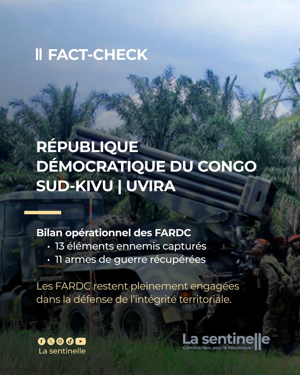sentinellecongo's tweet image. Les FARDC réaffirment leur engagement.
Ils restent pleinement mobilisées pour la défense de l’intégrité territoriale et la protection des populations face aux menaces sécuritaires persistantes.  

En voici le bilan.

#FARDC #RDC #Sécurité #IntégritéTerritoriale #DéfenseNationale…