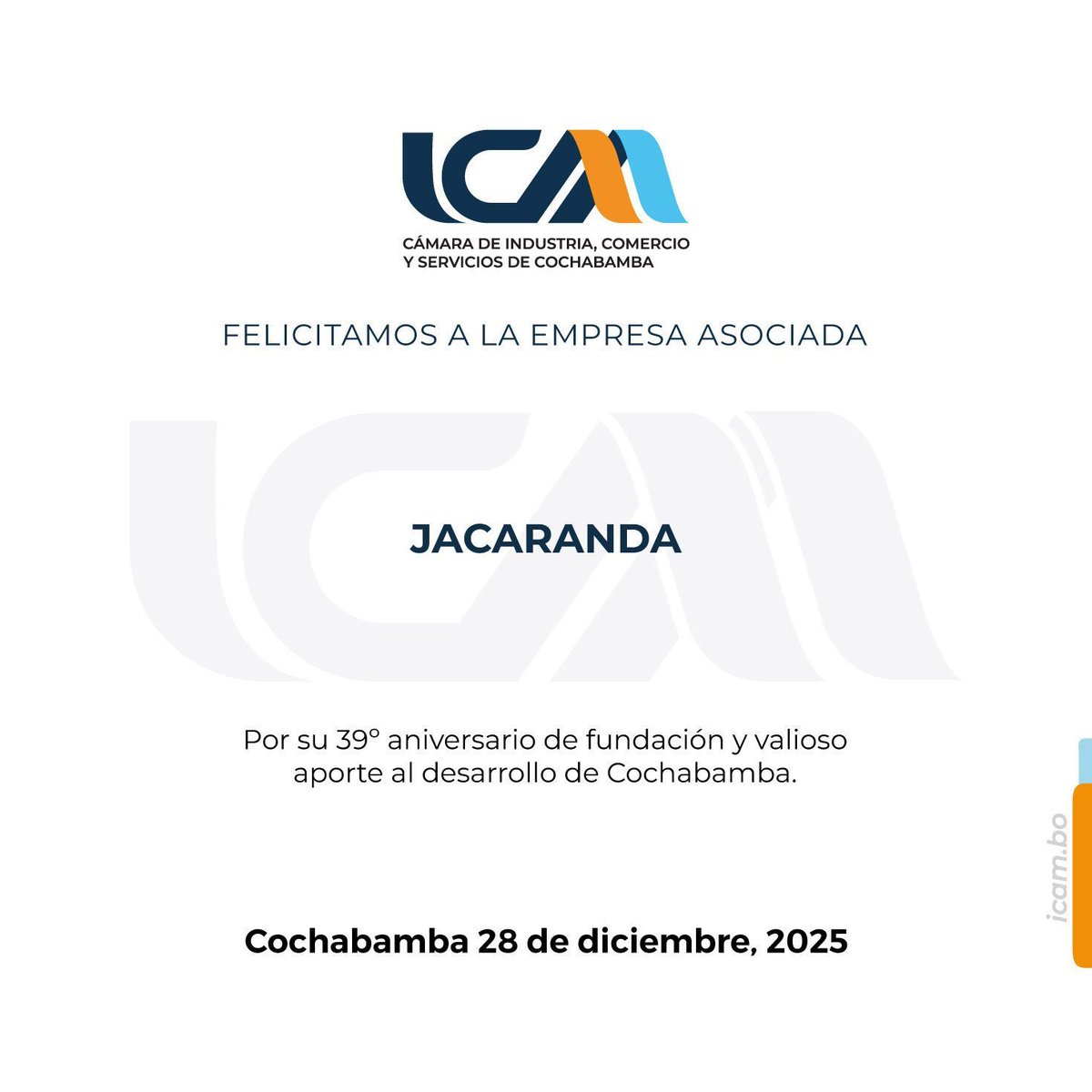 ICAMCBBA's tweet image. 🌟 ¡Felicitamos a nuestra afiliada por su aniversario! 💪

▶ JACARANDÁ

¡Sigamos construyendo juntos un futuro brillante! ✨

#ICAM #HechoEnBolivia #FamiliaICAM
