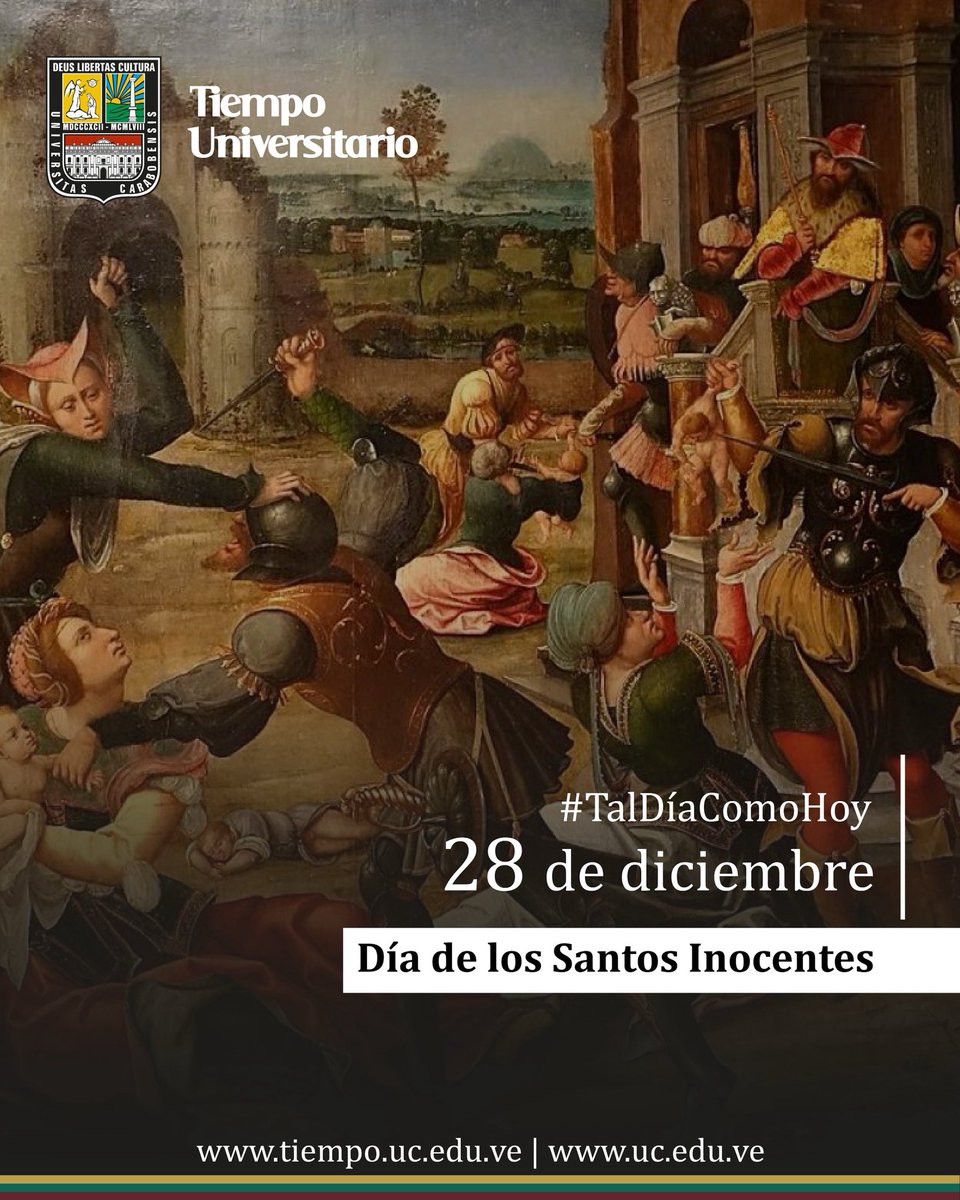 #TalDíaComoHoy se conmemora el Día de los Santos Inocentes, una matanza de niños ordenada por el rey Herodes al enterarse del nacimiento de Jesús. Pueblos venezolanos representan este pasaje bíblico con las locainas o zaragozas para honrar sus muertes. #UC