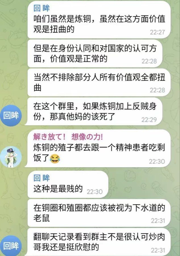 chngunjn11's tweet photo. In short, the message is that even if someone is a pedophile, as long as they love China, there's no problem. And Chinese people even create pedophile groups—amazing, right?
My translation: Although we are pedophiles and our values are distorted, our values regarding loving China are correct. Of course, this doesn't exclude the possibility that some people have completely distorted values.
In the group, if someone is a pedophile and doesn't love China, they deserve to die; they're mentally ill.
Let me show you the Chinese version of pedophilia (Google Translate: Looking Back)
Although we are pedophiles, and our values are distorted in this respect,
22:27 our values are normal in terms of identity and national recognition.
22:28 Of course, it's not impossible that some people have completely distorted values.
22:28 Looking Back
In this group, if a pedophile is also a traitor, then they deserve to die.
22:29 A Unleash your imagination! The offspring of pedophiles are all eating leftovers with a mental patient.
22:30 Looking Back
This is the most despicable.
22:30 In both the pedophile and pedophile circles, they should be considered rats in the sewers.