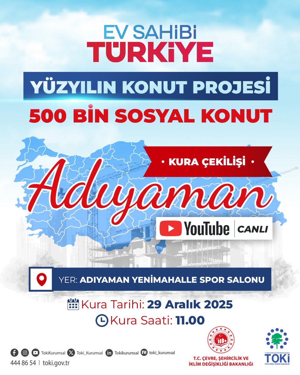 🏘️ Yüzyılın Konut Projesi'nde kuralar başlıyor.

🍀 5⃣0⃣0⃣ bin sosyal konut projesinde ilk kura çekimi Adıyaman'daki konutlar için yapılacak.

▶️ Kura çekimleri YouTube hesabımızdan canlı yayınlanacaktır.

youtube.com/@tokikurumsal

🔍 Detaylar için ⤵️
talep.toki.gov.tr/500binkonut/