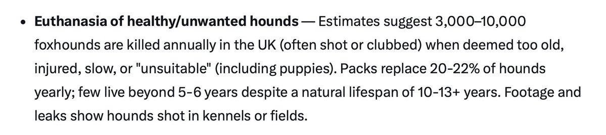WokeratiMarty's tweet image. It's not only foxes that suffer terribly at the hands of fox hunting in the UK. Look at the statistics for the hounds, 3,000-10,000 culled annually.
