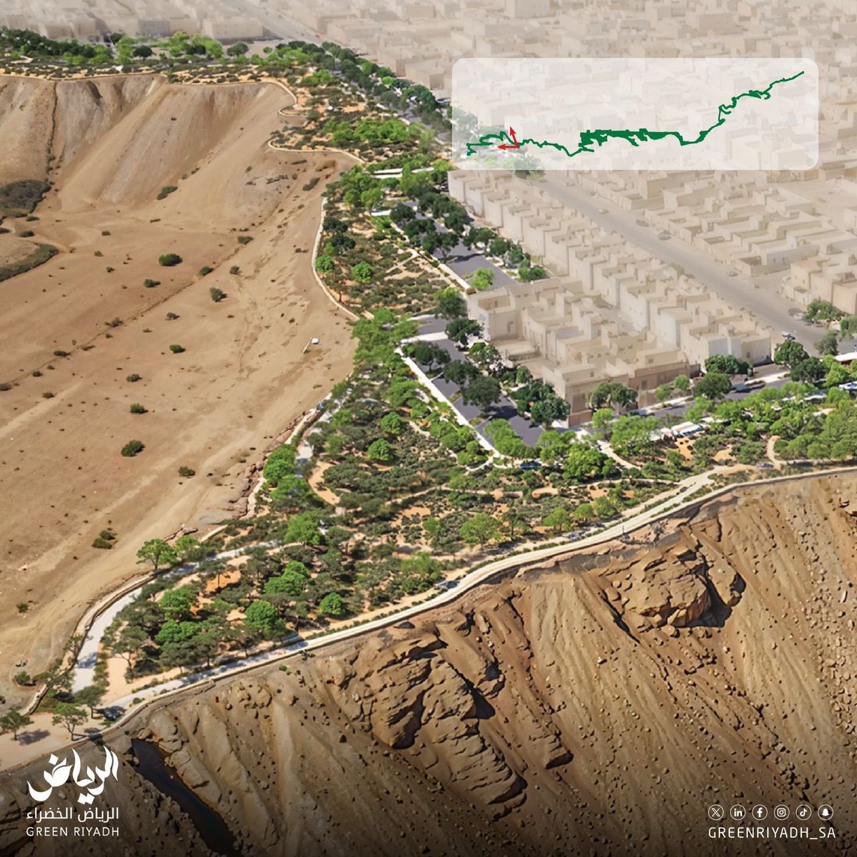 الرياض الخضراء تبدأ بتنفيذ أعمال التشجير وتنسيق الموقع في متنزه ظهرة نمار، على امتداد 35 كم وبمساحة تتجاوز 2.45 مليون م²، حيث يتضمن المشروع مسارات للدراجات والمشاة، مع زراعة 47 ألف شجرة محلية ملائمة لطبيعة الوادي