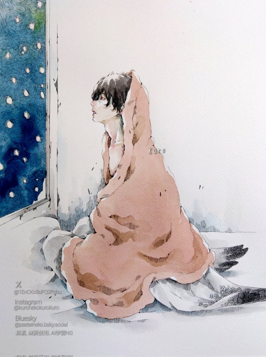 水彩画(人物)№211 天使は夜に雪を見る #透明水彩 #一次創作 #アナログ画 今年も絵を