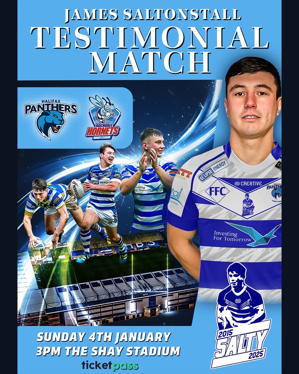 HalifaxPanthers's tweet image. ONE WEEK TO GO | LAST DANCE FOR A FAX LEGEND 🔵⚪️🐾

Our sole pre season friendly for the 2026 season sees @RochdaleHornets travel to The Shay next Sunday 4th January 3pm Kick Off for James Saltonstall's Testimonial Match. The last time the Legend will pull on the blue and white…