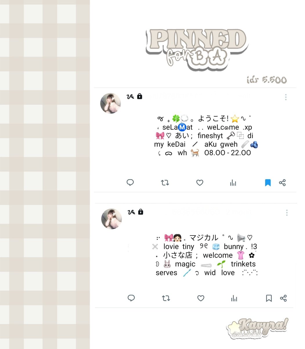 aksaraliar's tweet image. ᰔ .  like/retweet are appreciated

໒  どうも 。。hemlo__o all ! 𓇼 ✉️ acu punya 4 wording pinned  ︵  🎼 ˚ .   ready stock 𓏴 🪽 seharga idr. 5.5OO, ♡ nyang bisa kamu angkut sekarang :p &amp;lt; avail qris oci &amp;gt; __ =3  ᵎ 🩹 ໑  ۫

tag  .. #zonauang #zonajajan ,  🎹