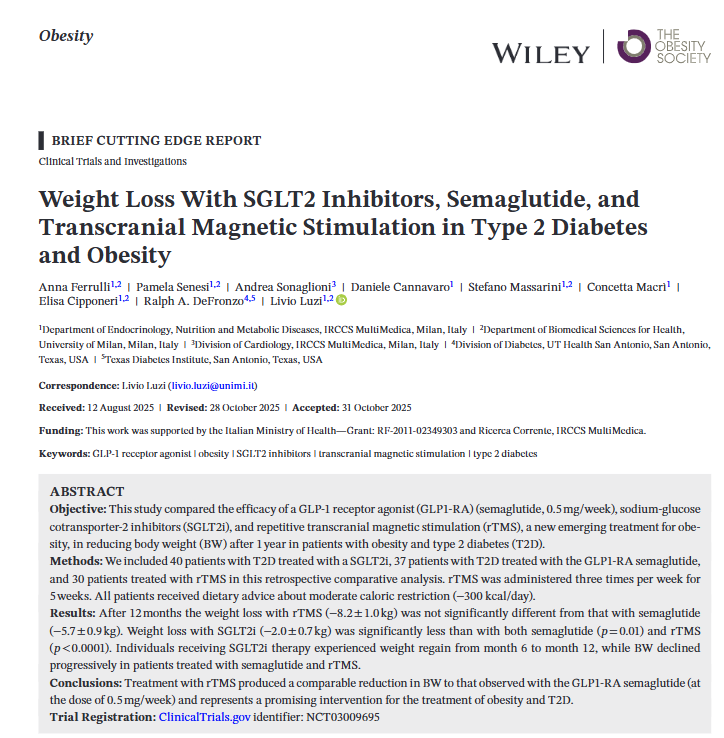 scottisaacsmd's tweet photo. Weight loss with repetitive transcranial magnetic stimulation #rTMS was comparable to low-dose semaglutide and greater than SGLT2 inhibitors at 12 months in people with T2D and obesity.
https://t.co/PFtgXpuWVJ https://t.co/VI1oHlp9o3