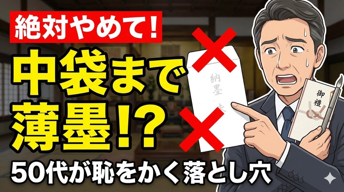 gen_diffusion's tweet photo. 【絶対やめて】 香典の「中袋」まで、薄墨で書いていませんか？😱

実はそれ、ご遺族を困らせるマナー違反かもしれません…。

今夜20:30の授業では、コンビニで迷う「筆ペンの選び方」と、大人が恥をかかない「中袋の正解」を解説します🏫

👇答え合わせはこちら https://t.co/Nt1ZpaI1jj
#香典 #マナー