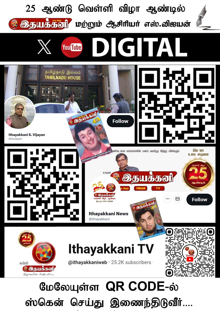 ithayakkani's tweet photo. 2 வெள்ளி விழா ஆண்டில்..

Ithayakkani on Digital

Editor on X - @iksvijayan
News on X - @ithayakkani

Subscribe on 
YouTube Channel 

Scan "QR Code" (Open Camera and scan in below QR Code, then URL will be display. Click and Join"

#Ithayakkani #Ithayakkani25
#Ithayakkani26 #MGR https://t.co/WGV2KqkrRC